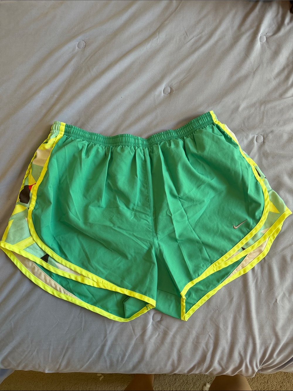 Nike Women's Green Athletic Shorts with Neon Yellow Trim